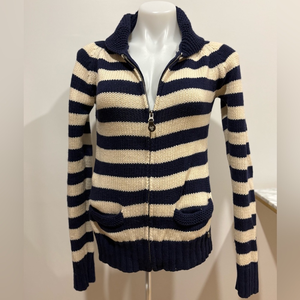 TNA Navy and Cream Striped Zip-Up Knit Cardigan